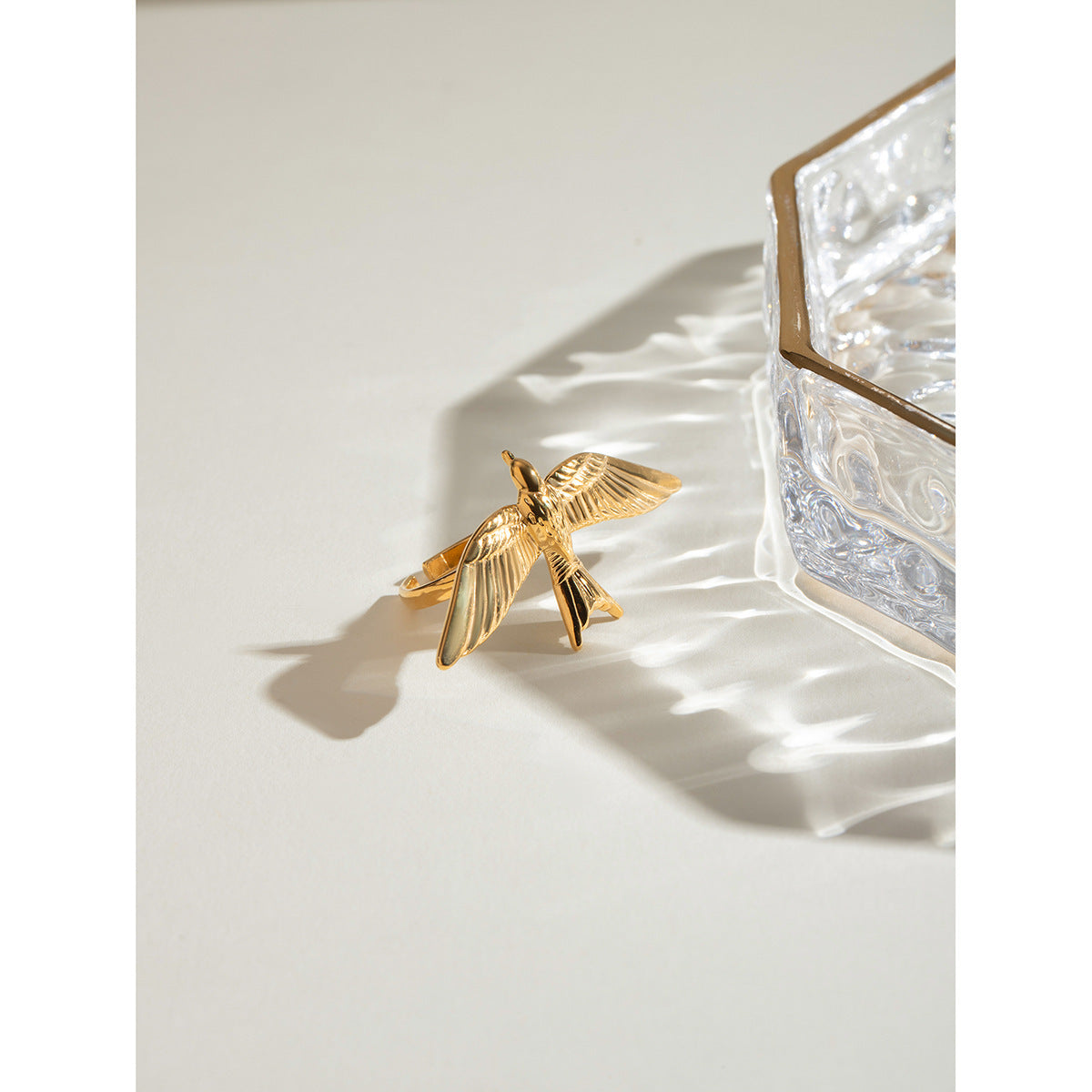 Vintage Gold Stainless Steel Flying Bird Wings Open Ring Electroplating Female Geometry Material Geometry Bird