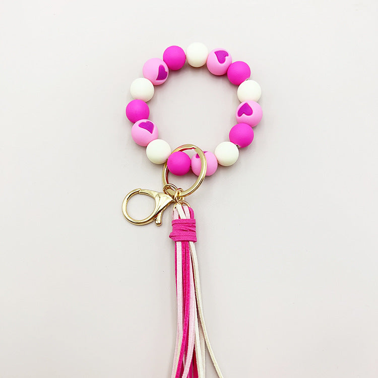 Women Silicone Beads Bracelet Keyring With Velvet Tassel Peach Heart Charm For Car Luggage Pink Green Fun Gift