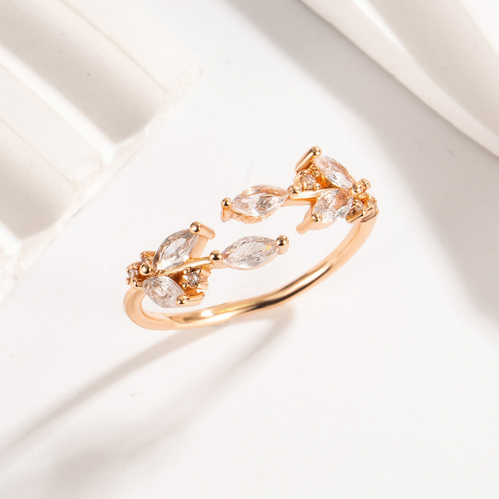 Womens Open Ring Copper Leaf Zircon Rose Gold Or White Gold