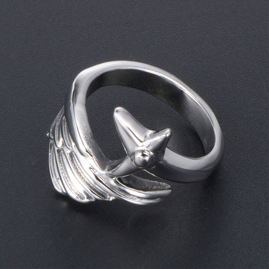 Unisex Angel Wings Feather Ring Polished Titanium Steel Durable Retro Inspired Jewelry Statement Gifts For All