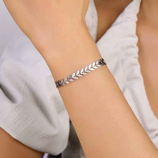 Stainless Steel Leaf And Wheat Bracelet For Women Simple Fashion Jewelry Elegant Design Steel Color Leaves For