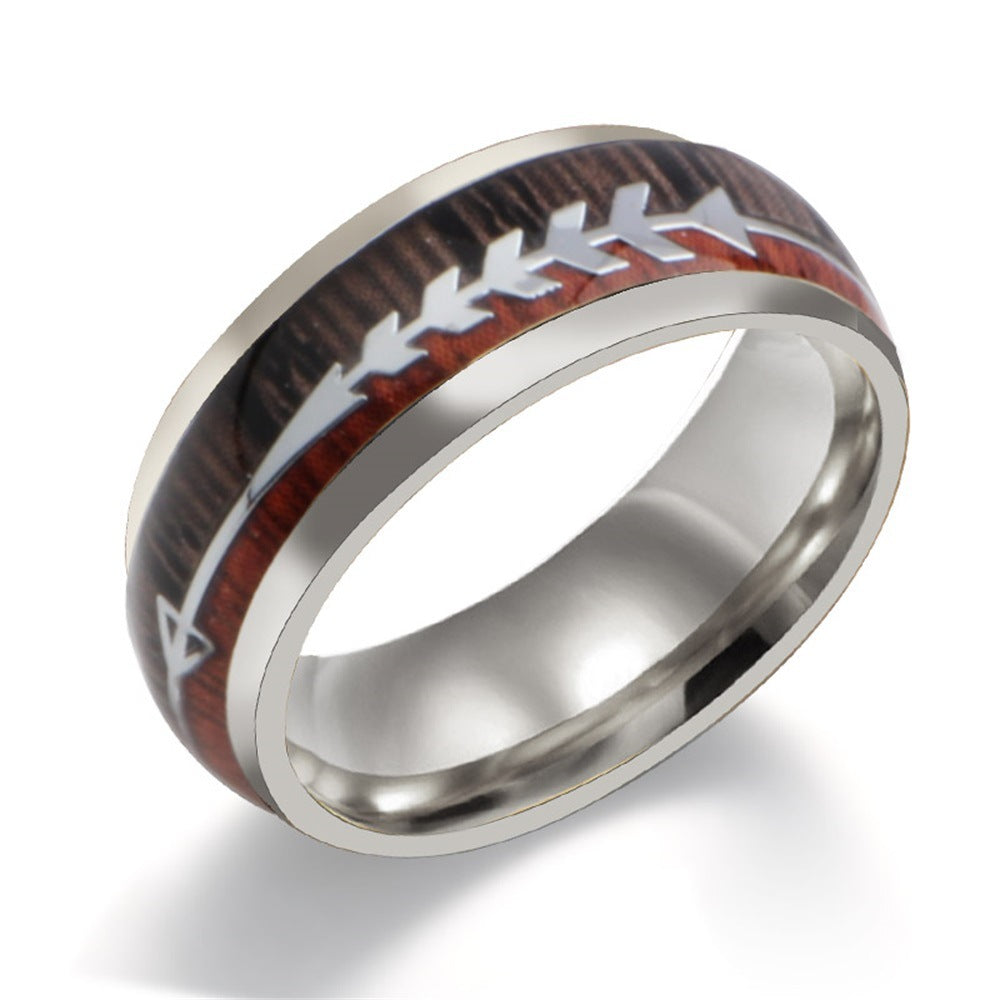 Mens Stainless Steel Ring With Wood Grain Inlay Arrow Design Durable Band For Everyday Wear Jewelry Great Gift