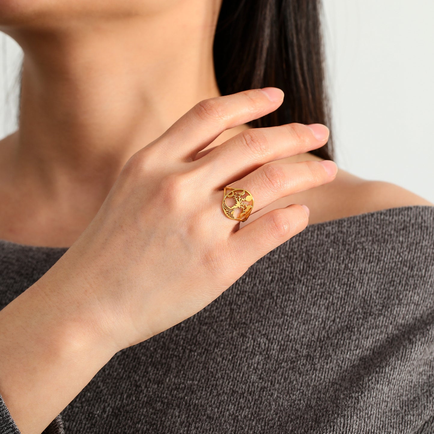 Unisex Stainless Steel Ring 18K Gold Plated Hollow Tree Design Geometric Shape Hip Hop Style Everyday Wearable