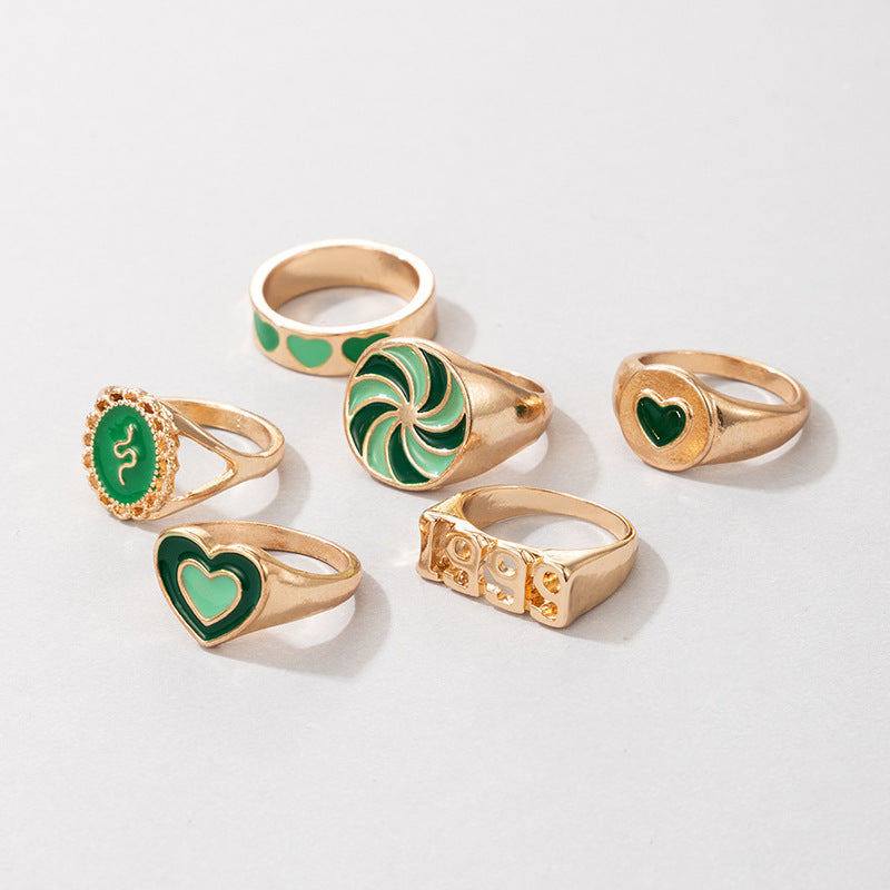 Unisex Green Geometric Alloy Windmill Ring Set Ethnic Electroplated Metal Rings For Men And Women Jewelry Gifts