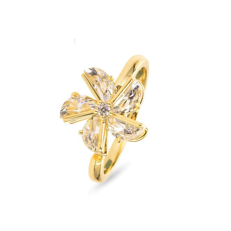 Womens Fidget Ring Crystal Sunflower Rotary Anxiety Relief 18K Gold Plated Copper Fashion Jewelry Daily Wear Chic