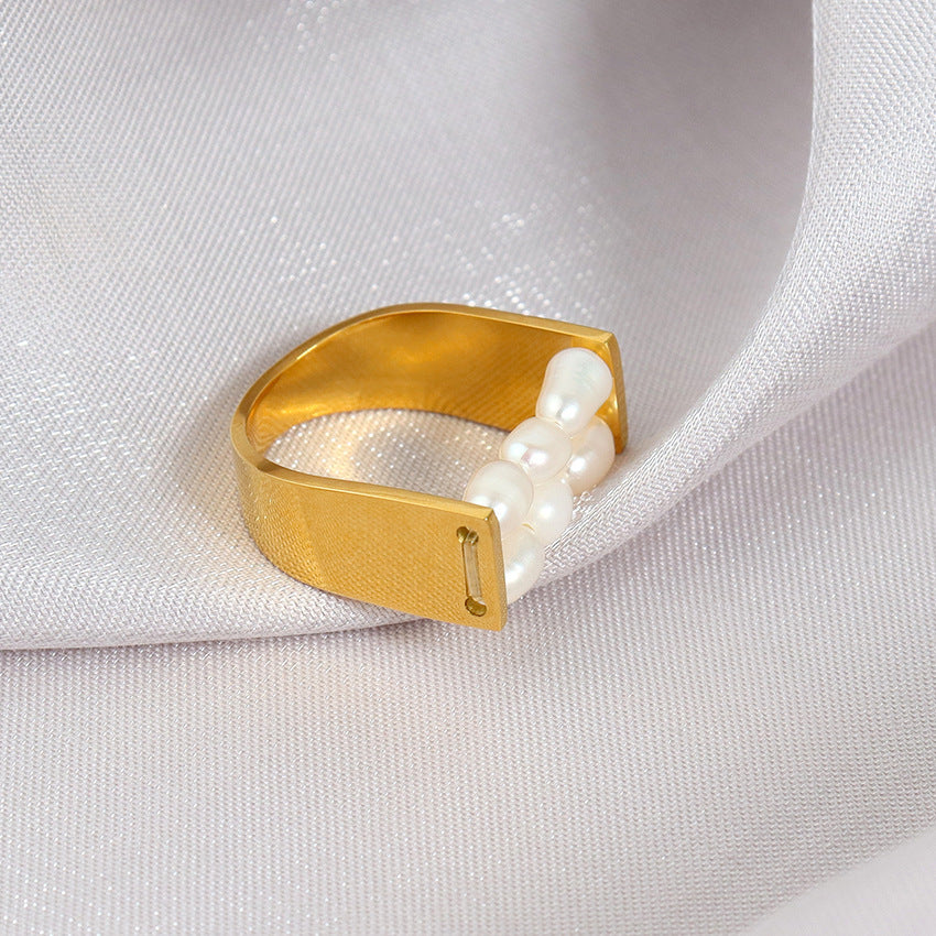 Titanium Steel Ring Double Stacked Irregular Rectangular Design With Leaf And Stars Accents White Pearl Finish