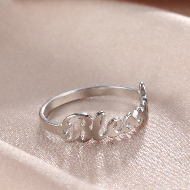 Womens Stainless Steel Letter Ring Blessed Jewelry Gifts White Gold Rose Gold Birthday Holiday Present For Her