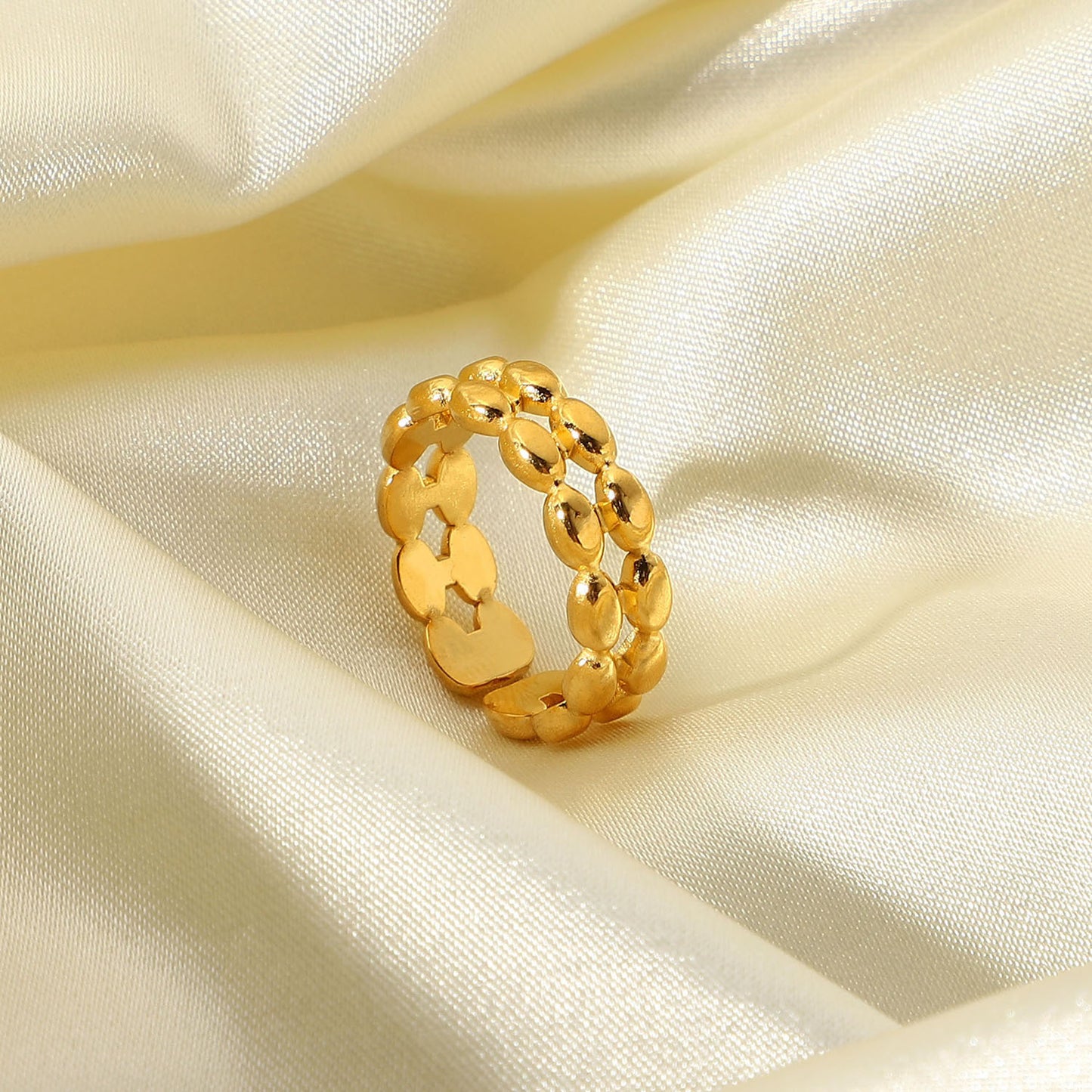 18K Gold Plated Double Layer Oval Bean Ring Stainless Steel Adjustable Fashion Jewelry For Everyday Wear Daily Use