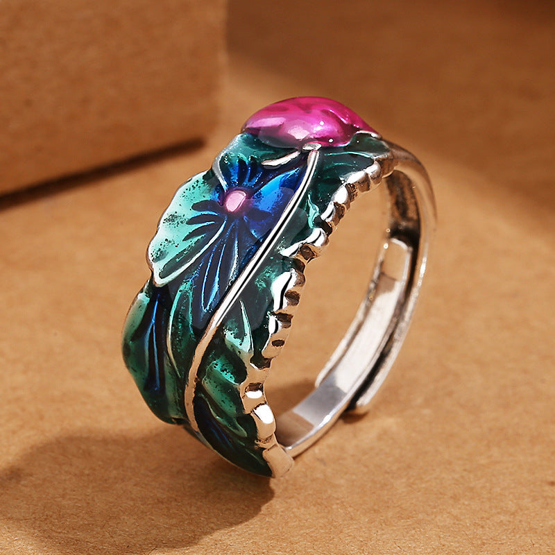 Vintage Thai Silver Cloisonne Lotus Ring Six Words Mantra Ethnic Style Adjustable Copper Flower Jewelry Gifts