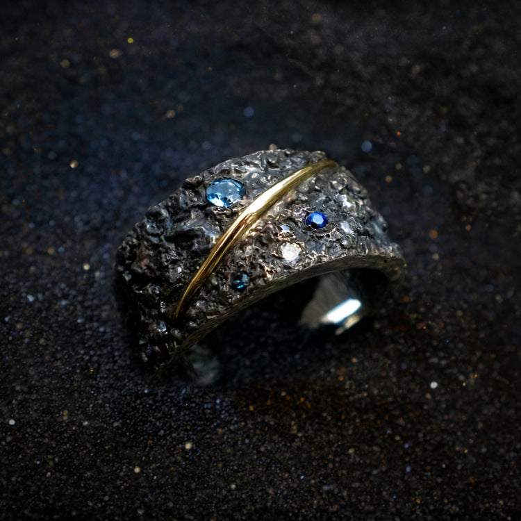 Sterling Silver Diamond Ring Unisex Star Sapphire Adjustable Band Geometric Design For Men And Women Elegant Gift