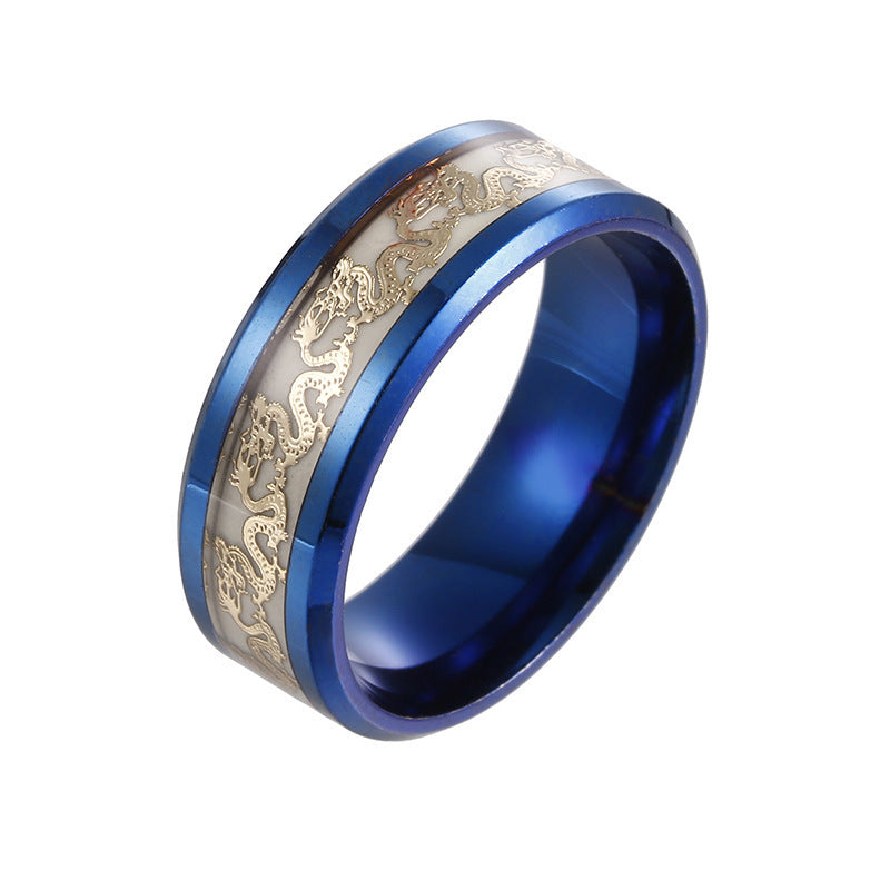 Unisex Titanium Steel Ring With Fluorescent Double Dragon Mosaic Inlays Simple Band For Men And Women Everyday