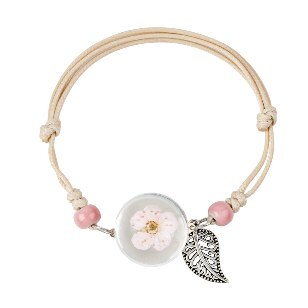 Womens Dried Flower Bracelet With Glass Ball Korean Leaf Design Alloy Herbarium Dandelion Clover Charm Elegant