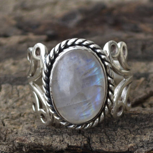 Womens Moonstone Ring Niello Geometric Jewelry Elegant Statement Accessory European Style Copper Filigree Glow