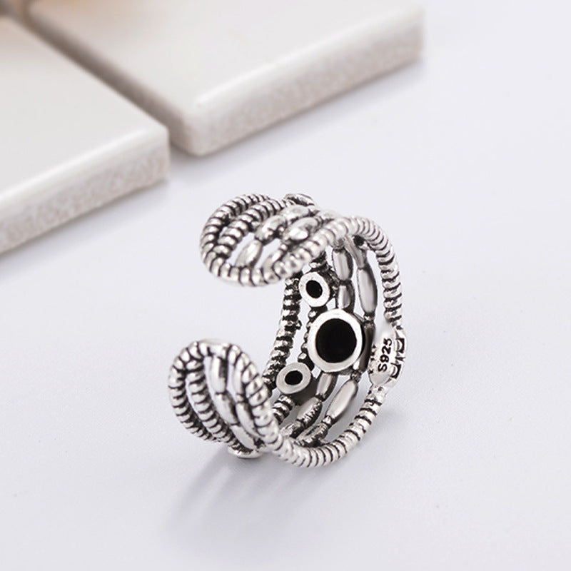 Unisex Adjustable Copper Ring With Gem Inlay And Hemp Rope Twist Geometric Multilayer Thai Silver Finish Gloss