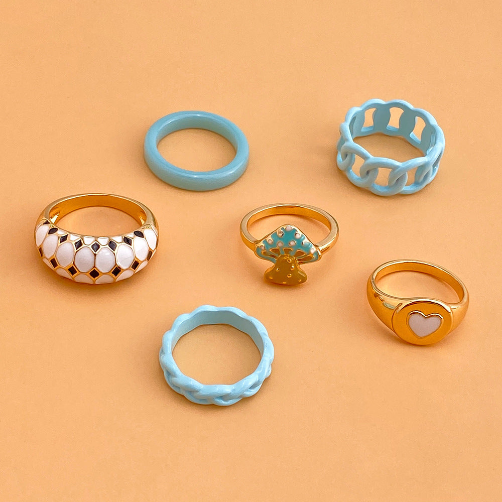 New Resin Hollow Ring Set 6 Piece Geometric Candy Color Drip Oil Finish For Women Fashion Jewelry For Daily Wear