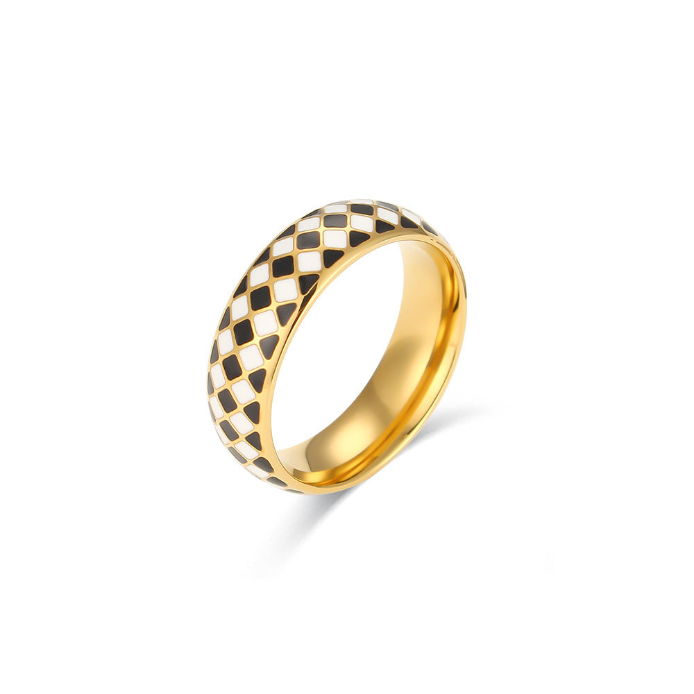 Womens Stainless Steel Ring 18K Gold Plated Midnight And White Plaid Oil Dripping Geometric Rings Jewelry Gift