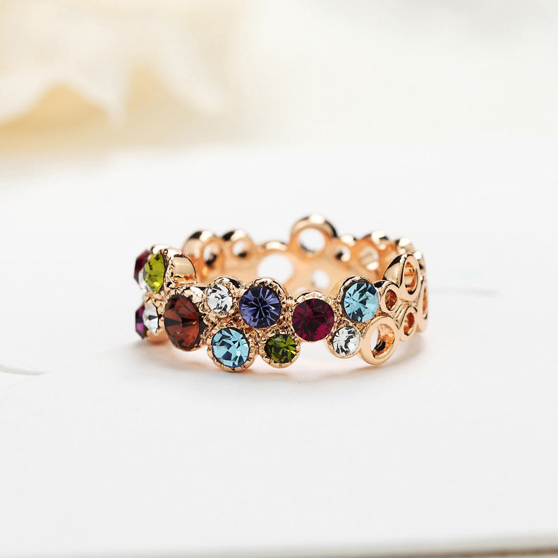 Geometric Rose Gold Electroplated Alloy Ring With Inlaid Gemstones Womens Fashion Jewelry Shine Crystal Sparkle