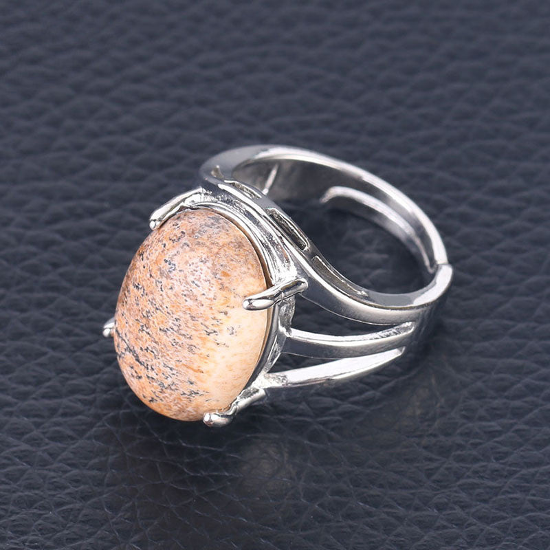 Womens Natural Stone Ring Four Claw Inlay Ellipse Gem