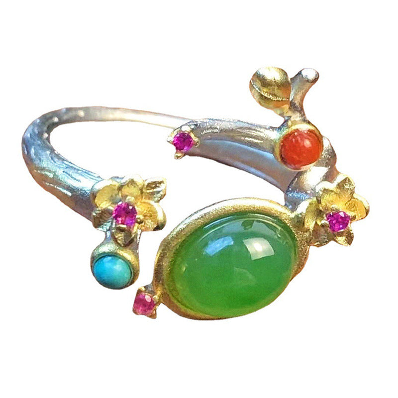 Womens Open Ring Electroplated Green Jasper Copper Adjustable National Fashion Ring Animal Cartoon Retro Laces