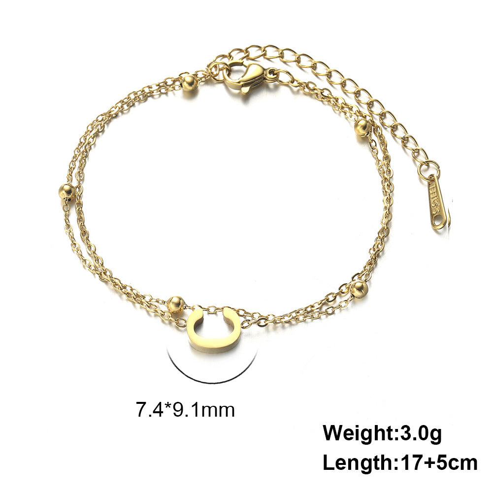 Womens Stainless Steel Double Layer Chain Bracelet With Initial Pendant Electroplated Finish Jewelry Gift Gold