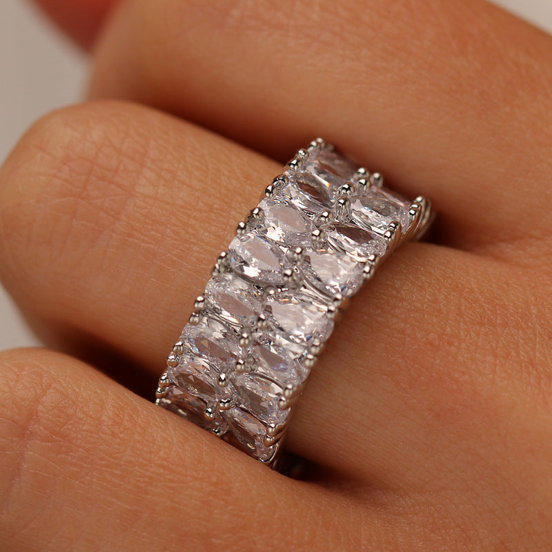 Womens Silver Plated Ring With Full Zircon Double Rows Dazzling Design Fashion Jewelry Elegant Platinum Finish
