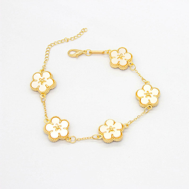 Womens Floral Double Sided Plum Blossom Alloy Bracelet Electroplated Flower With Extender Chain Crystal Detail