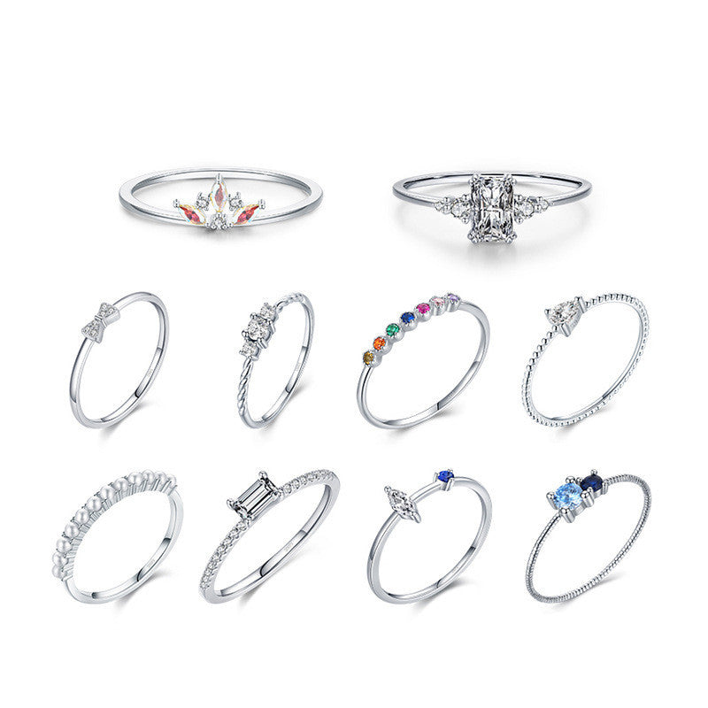 Sterling Silver Ring Set Zircon Inlay Crown Rainbow