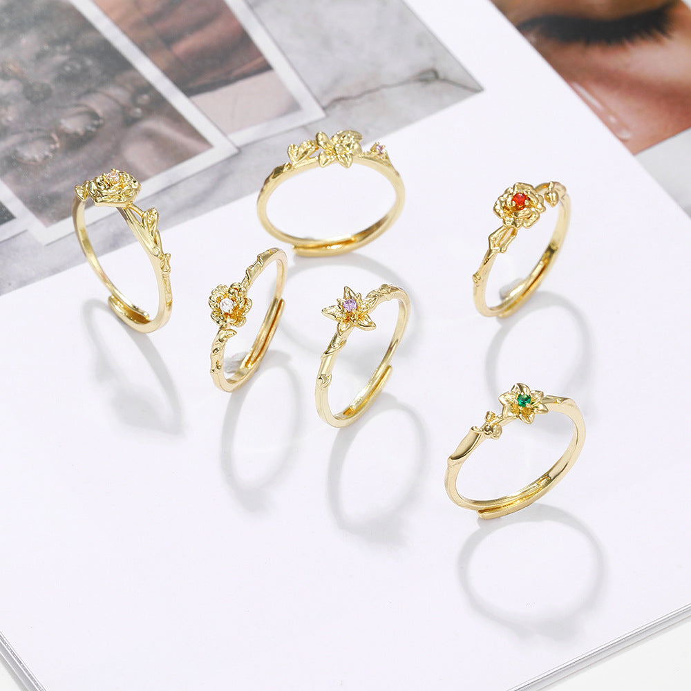 Womens Adjustable Copper Ring Birth Month Flower Design January February March April May June July August Glow