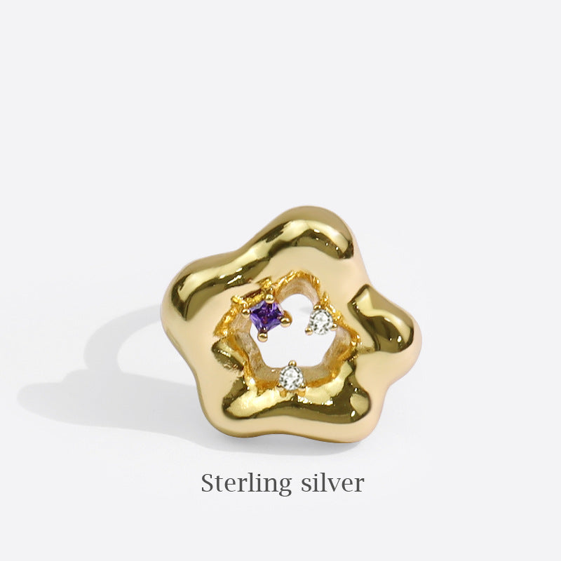 Womens Adjustable Silver Plated Five Pointed Star Ring Geometric Design Diamond Studded Fashion Ring Elegant Accessory