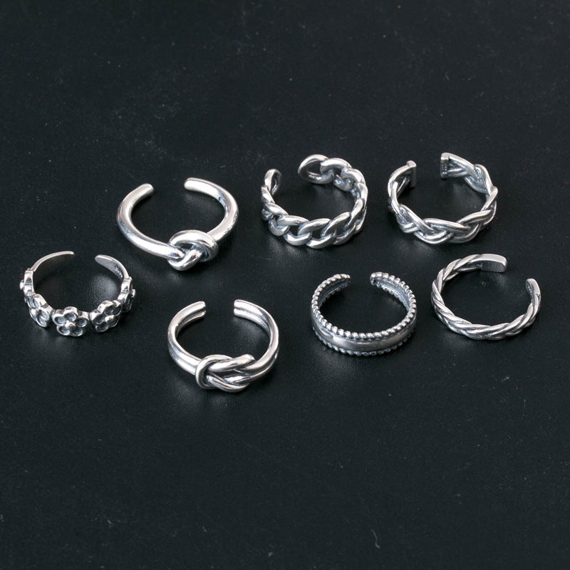 Womens Retro Knotted Alloy Ring Set Geometric Shapes Adjustable Opening Electroplated Finish 7 Piece Collection