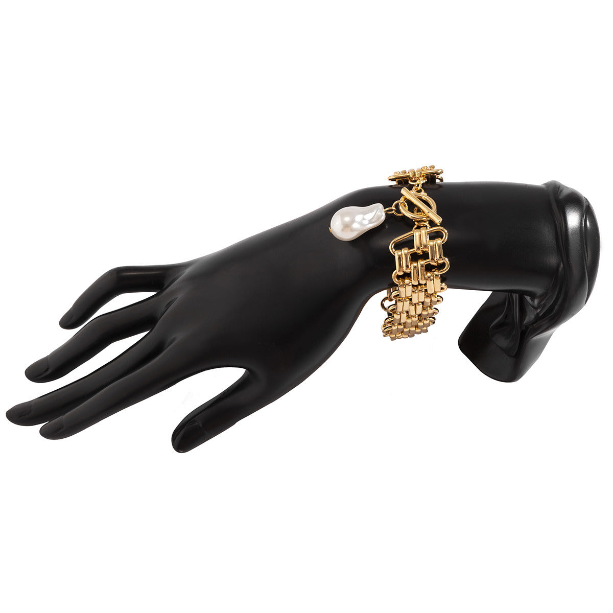 Womens Chain Bracelet With Artificial Pearls Thick Chain Geometric Design Gold Plated Iron Bracelet Pearl Iron