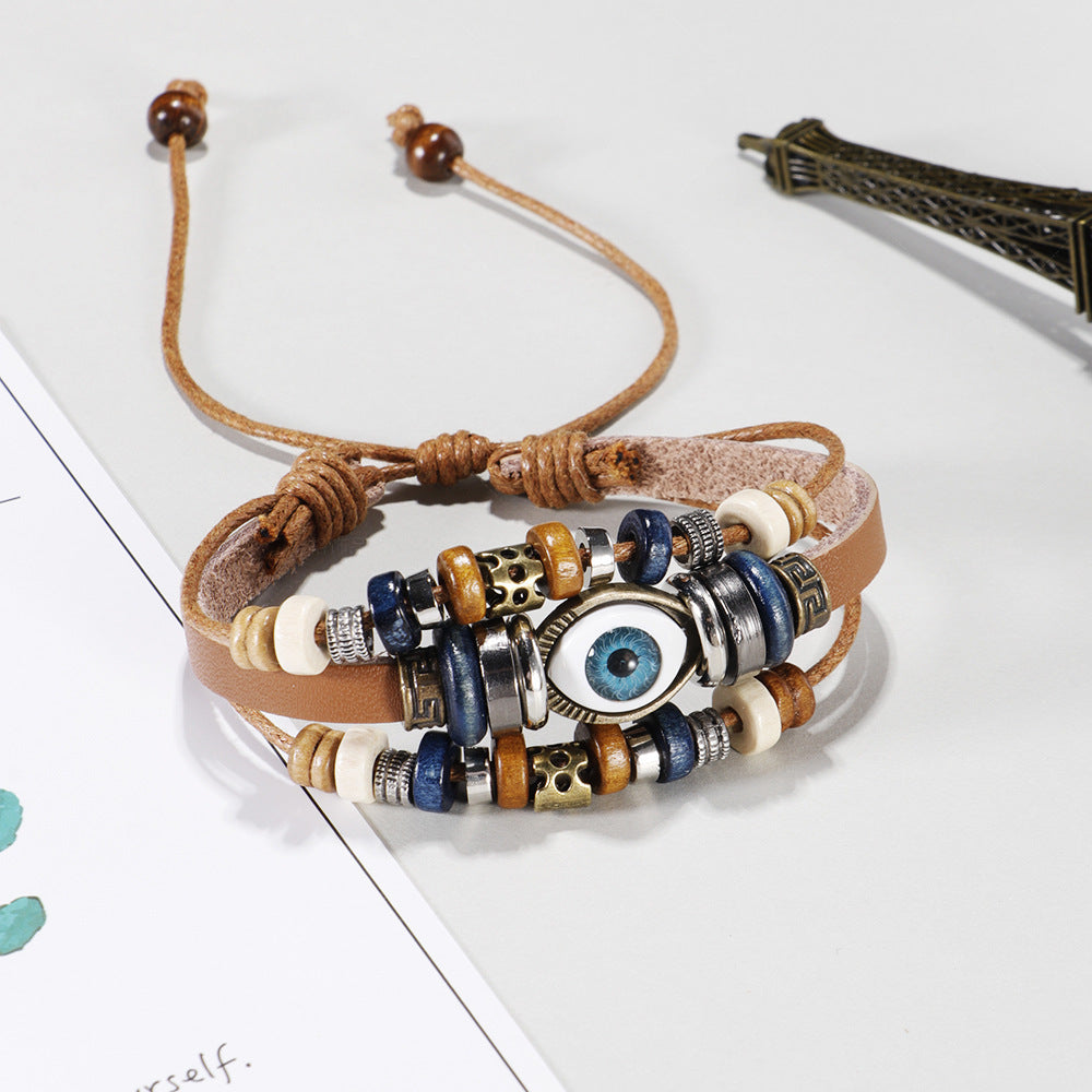 Mens Ethnic Leather Beaded Bracelet Geometric Design Gift