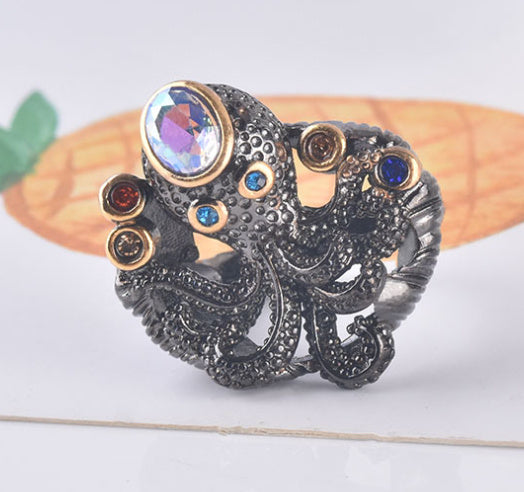 Octopus Ring Marine Life Jewelry Inlaid Gems Copper Silver