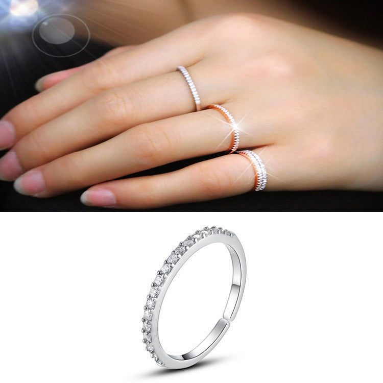 Sterling Silver 925 Diamond Ring With Fine Row Setting Adjustable Opening Size Women Jewelry Elegant Classic Everyday