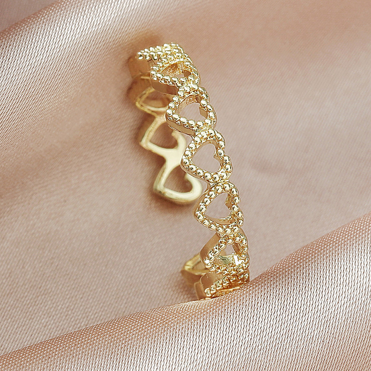 Womens Open Heart Ring Adjustable Copper Love Stitch Design Electroplated Fashion Accessory Unique Designer Style