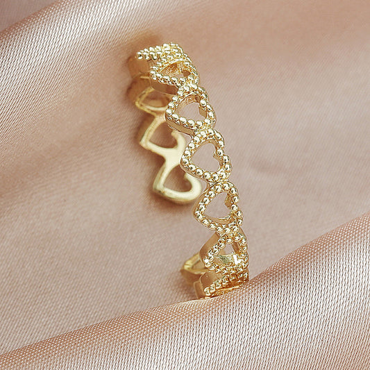 Womens Open Heart Ring Adjustable Copper Love Stitch Design Electroplated Fashion Accessory Unique Designer Style