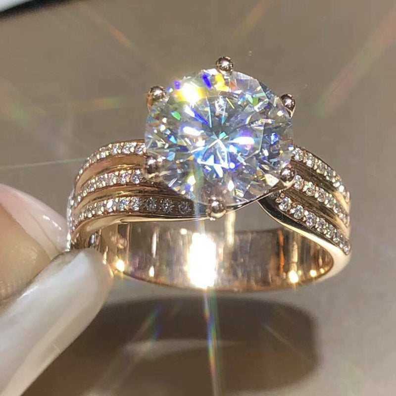 Six Claw Solitaire Ring Gold Tone Copper Zircon Sparkling Engagement Wedding Anniversary Jewellery Gift Yellow