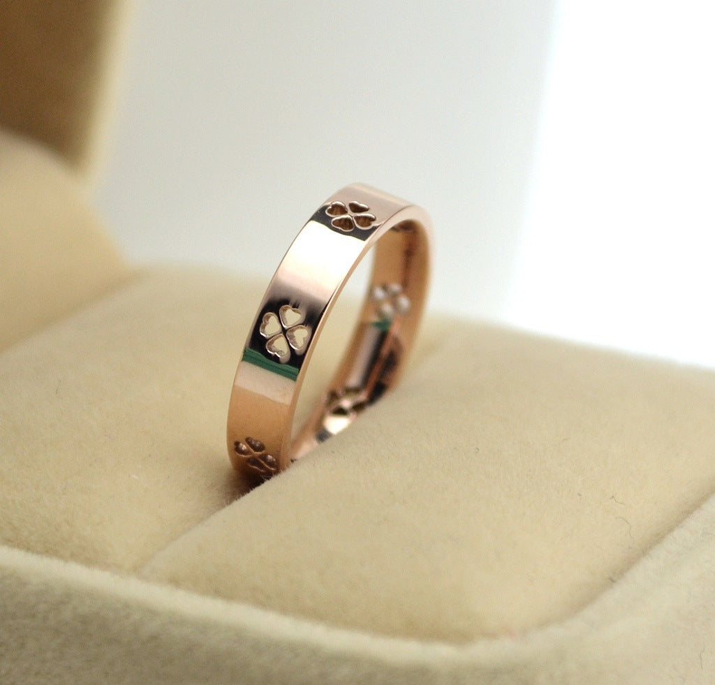 Womens Rose Gold Clover Ring Titanium Steel Geometric Electroplated Fashion Jewelry Accessory Durable Gift Her