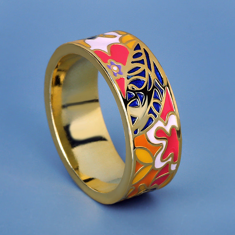 Womens Brass Ring with Japanese Enamel Epoxy Color and Female Design a Fashionable Ring for Her with Unique Detailing and Artistic Flair