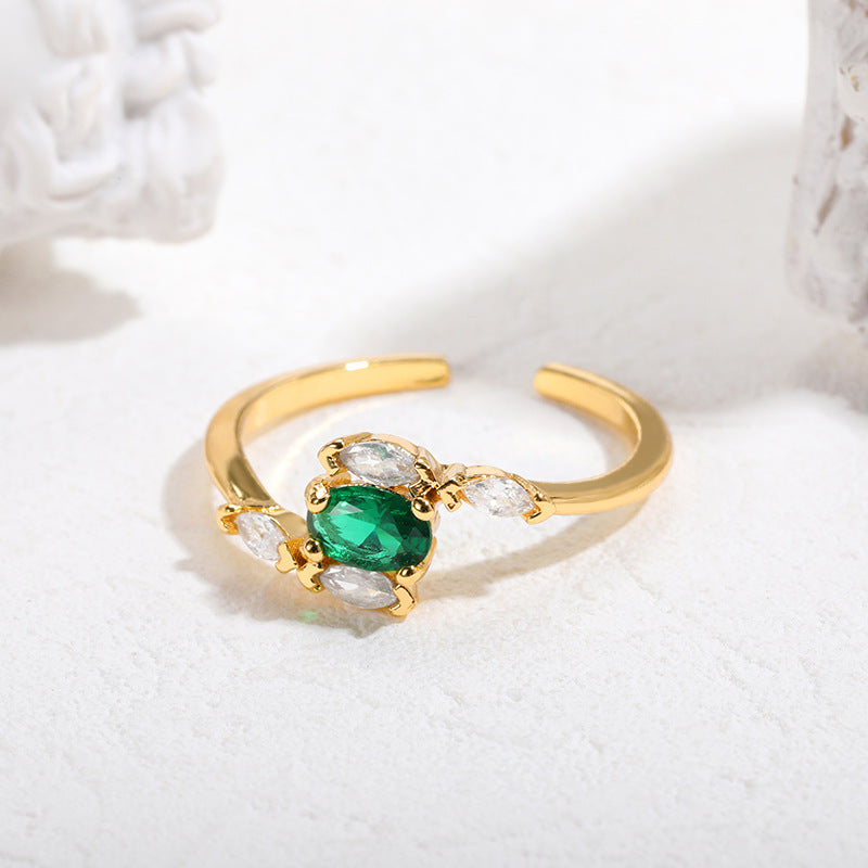 Gold Plated Green Zircon Heart Ring For Women Adjustable Copper Jewelry Elegant Dainty Gift For Everyday Style