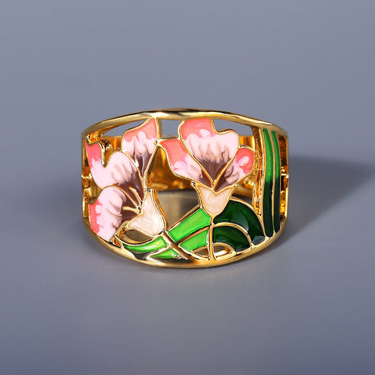 Womens Flower Enamel Ring Diamond Accent Brass Alloy Inlaid Fashion Jewelry Gift For Her Elegant Statement Piece