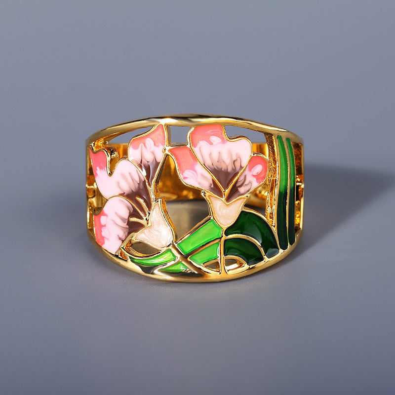 Womens Flower Enamel Ring Diamond Accent Brass Alloy Inlaid Fashion Jewelry Gift For Her Elegant Statement Piece