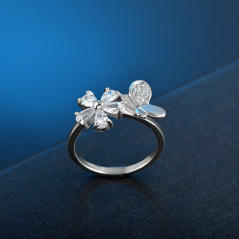 Womens Flower Ring Elegant Copper Ring With Zircon Micro Inlaid Detailing Hand Polished Silver Jewelry Shimmer