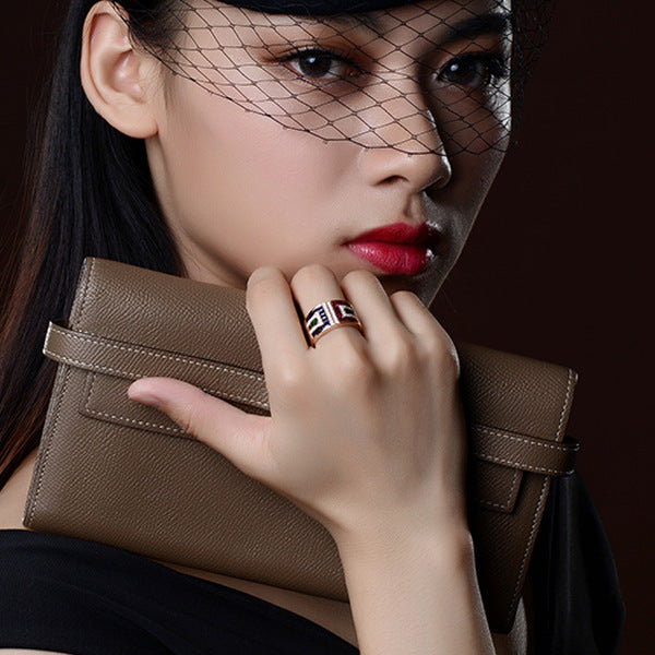 Women Color Zircon Ring Geometric Copper Gold Plated Inlaid Gemstones Semi Precious Stones Cocktail Party Ring