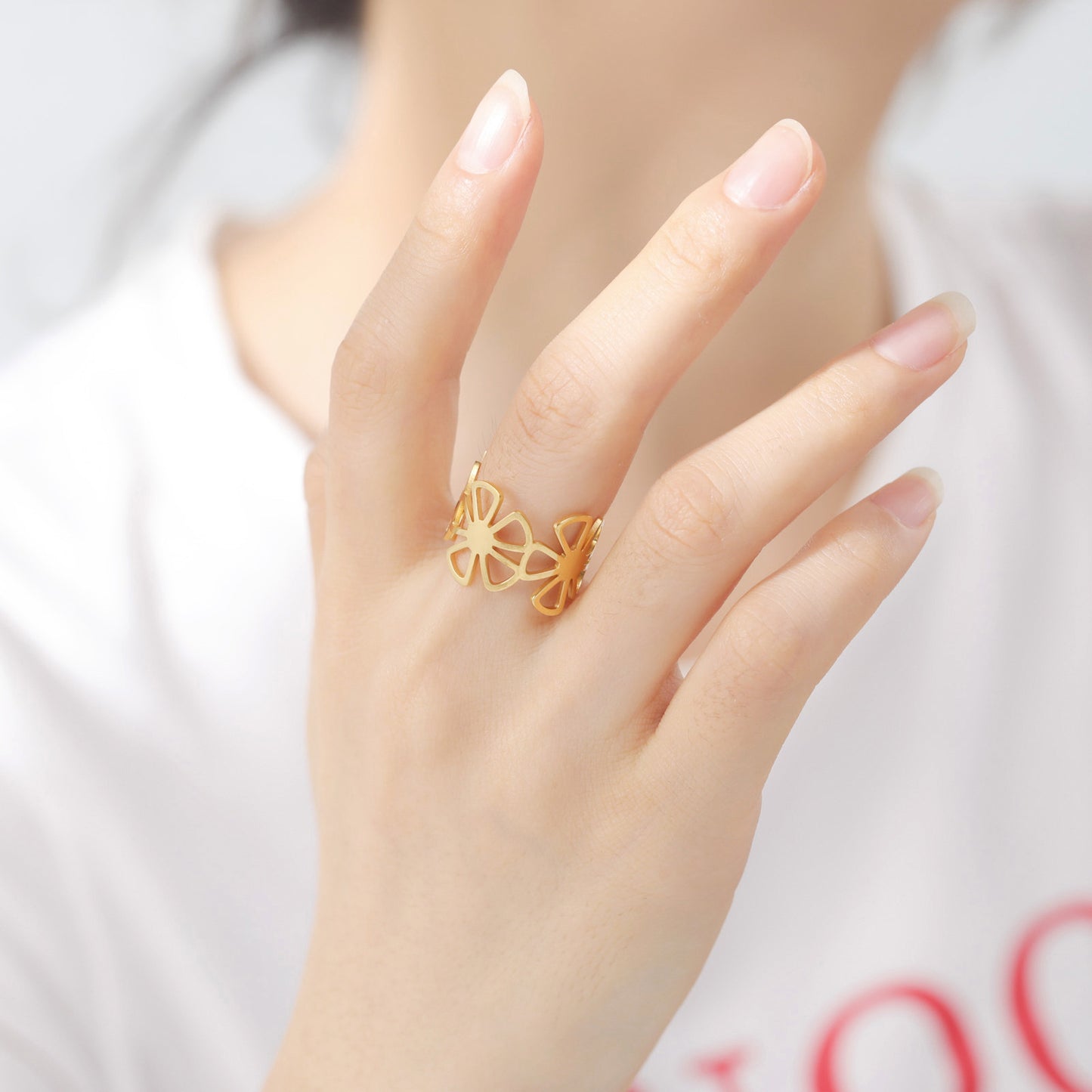 Unisex Stainless Steel Five Petal Flower Ring Adjustable