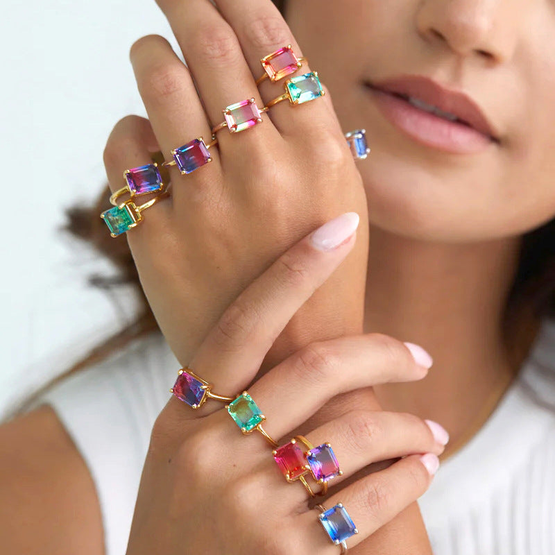 Retro Original Design Gradient Color Square Large Zircon Ring Electroplated 18K Gold Open Copper Ring Dot Line