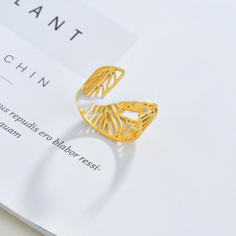 Leaf Shaped Hollow Opening Adjustable Stainless Steel Ring for Women Korean Style Jewelry Gift Daily Wear Gift