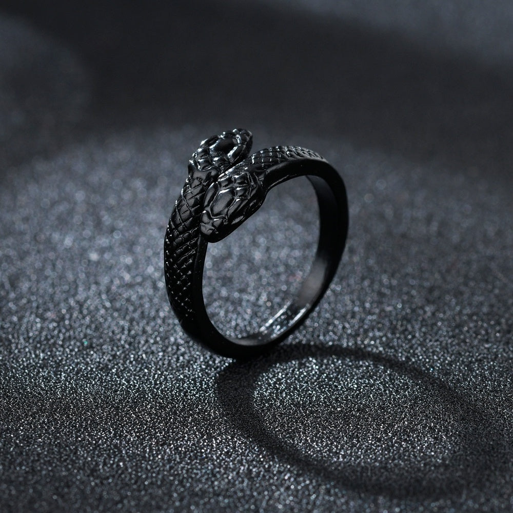 Gothic Double Head Snake Ring Adjustable Animal Ring Natural Zircon Alloy Black Ring Resizable Fashion Jewelry