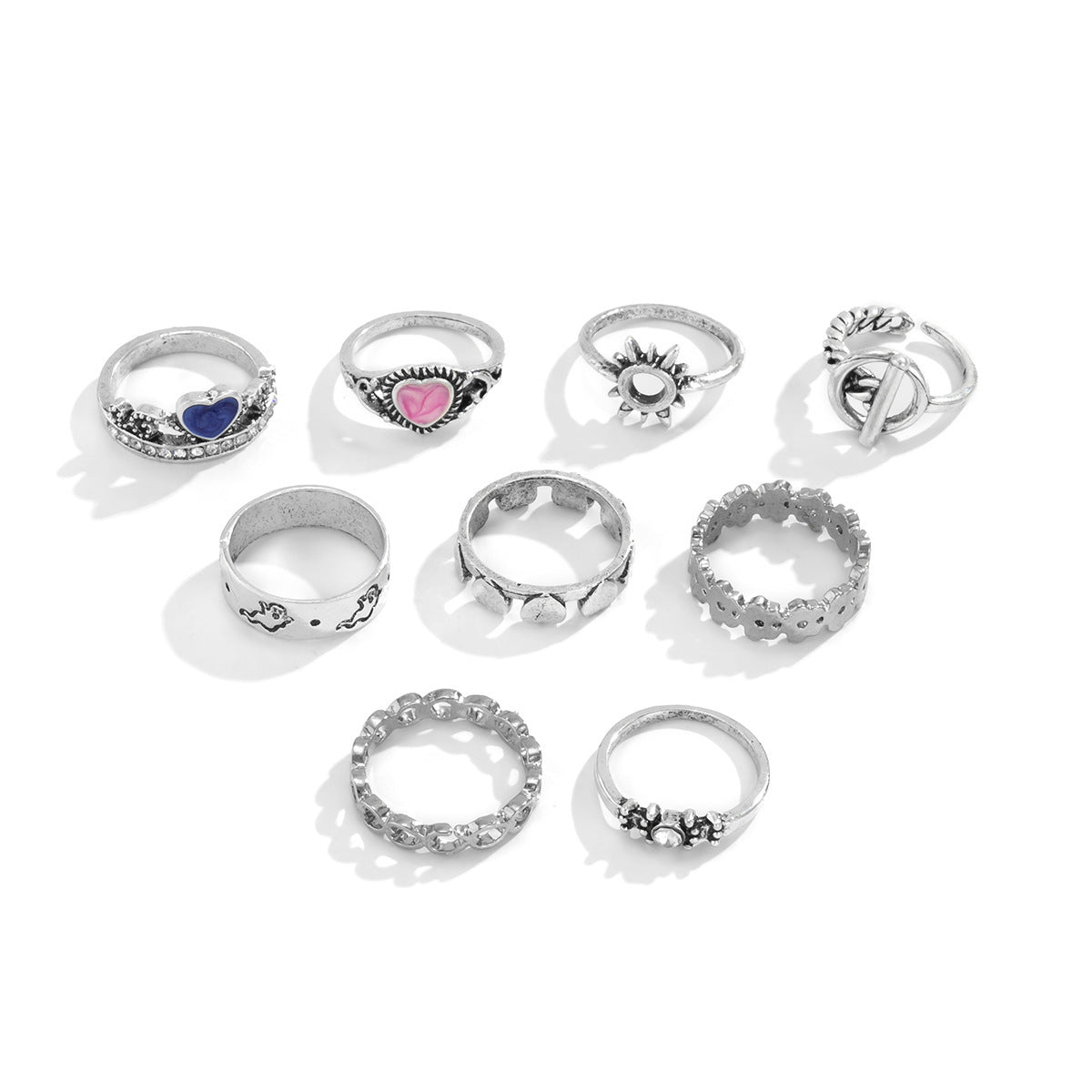 Punk Multi Element Stacking Hollow Heart Shaped Ring Gold Plated Geometry Bohemia Ethnic Retro Metal Alloy Set