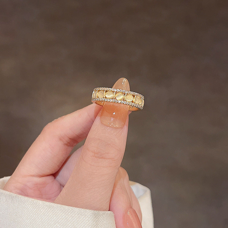 Elegant PearlWhite Ring Geometric Copper Band Electroplated White Gold Gemstone Inlay Gift For Her Korean Style